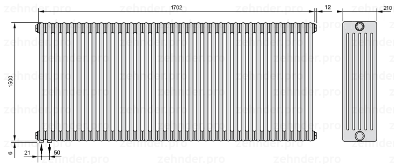 Схема (чертеж) Радиатор Zehnder Charleston 6150/37 №3370 Белый глянцевый RAL 9016